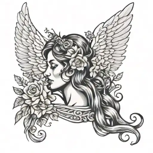 A Female Goddess With Flowers Ang Big Angelic Wings