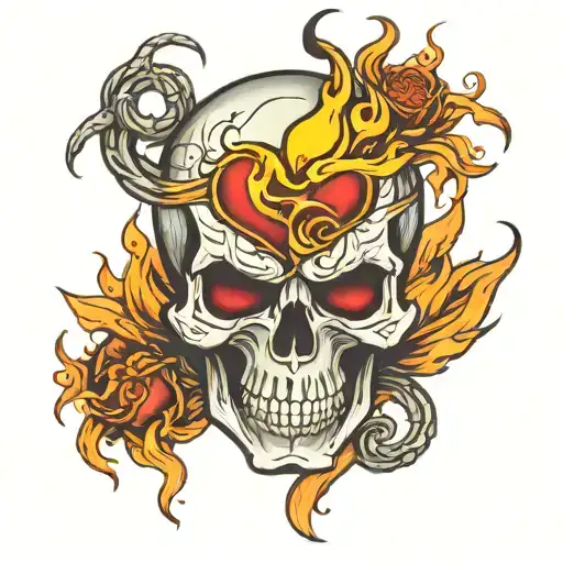 Skull With Flaming Heart Intertwined