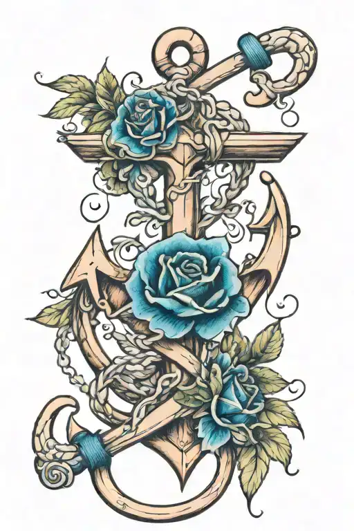 Anchor Tattoo With Blue Flowers And A Breastcancer Ribbon