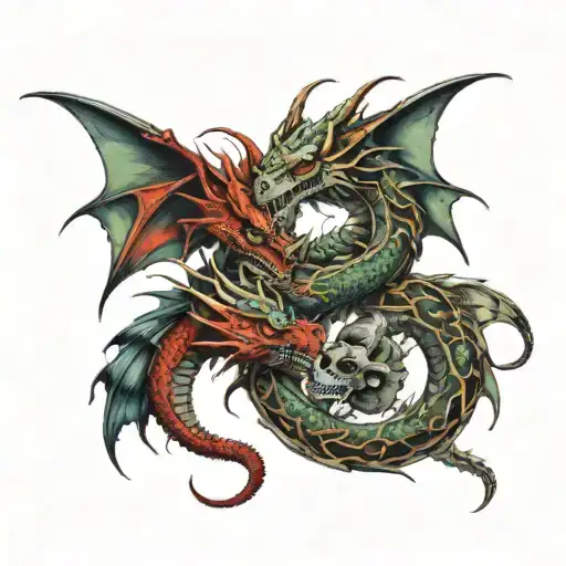 Dragons With Snake Heads Surrounded By Skulls Facing Each Other And Souls