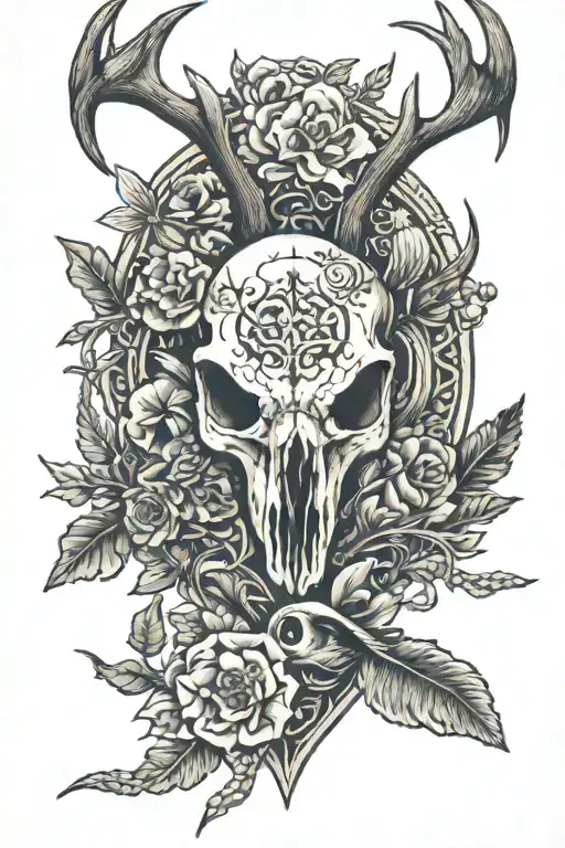 Hunting Tattoo Featuring Deer Skull With Turkeys