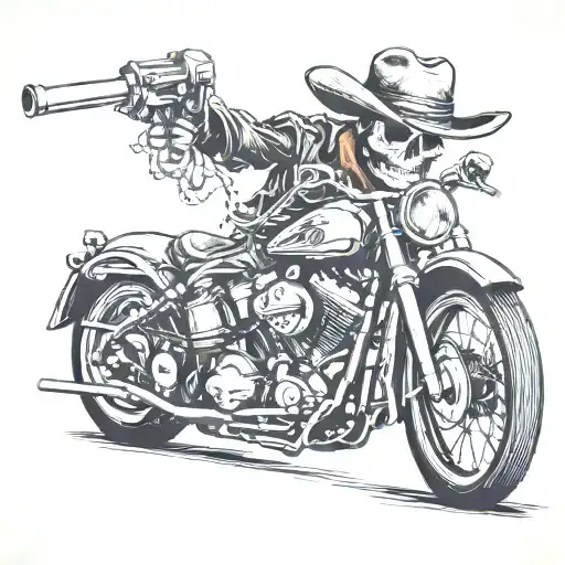 Skeleton In A Harley Davidson Motorcycle With Cowboy Hat
