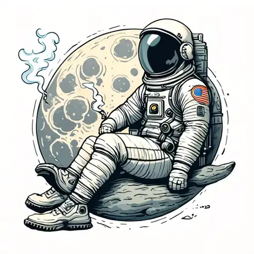 The Astronaut Sits On The Moon And Smokes