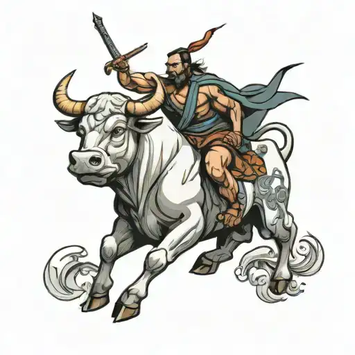 Man In Top Of Bull With Sword