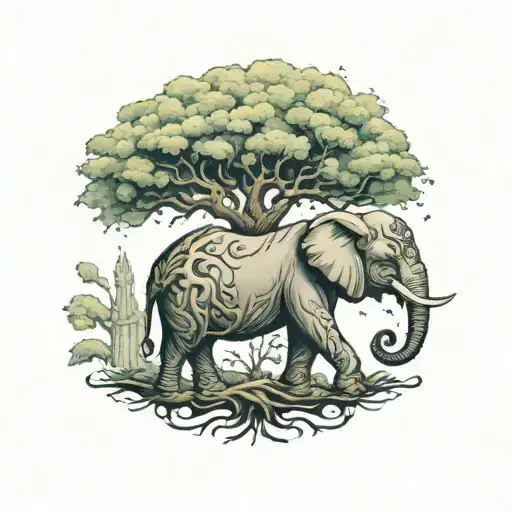 Elephant Covered By A Tree Intertwined Within