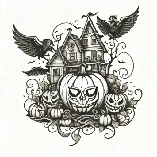A Whimsical Tim Burton-inspired Pumpkin Patch With Harry Potter Elements Intertwined Tattoo Idea