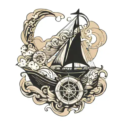 A Sail Ship With Waves And Anchor And Compass