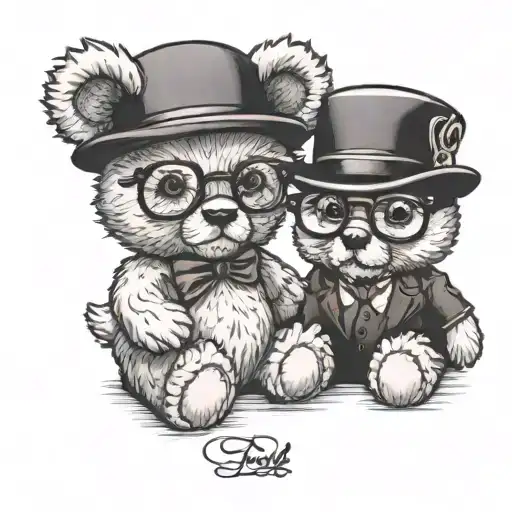 A Beanie Baby Wearing Glasses And A Teddy Bear Wearing A Flat Top Hat Holding Hands
