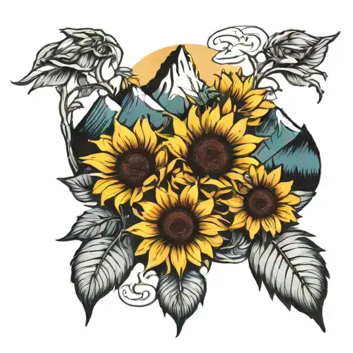 Mountain And 3 Sunflowers