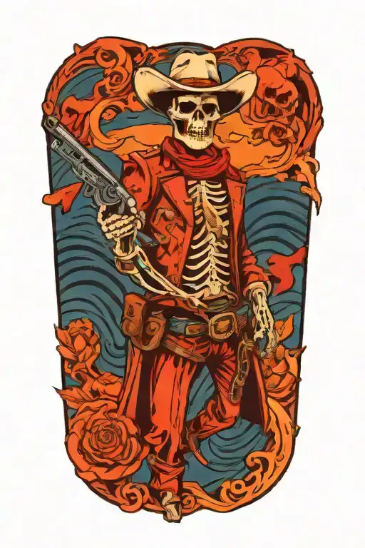 Cowboy Skeleton Holding A Pistol Surrounded