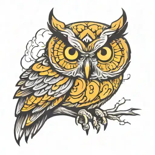 Full Size Owl Facing Toward Standing Staring Angrily With Yellow Eyes