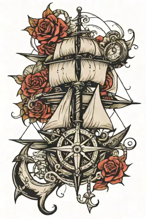 Sail Ship With Anchor And Compass