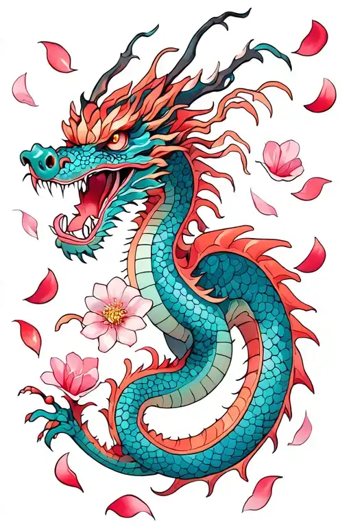 Cherry Blossom Petals Floating Around Simple Dragon