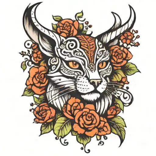 Viking Tattoo Half Head Cat And Deer With Flowers Behind