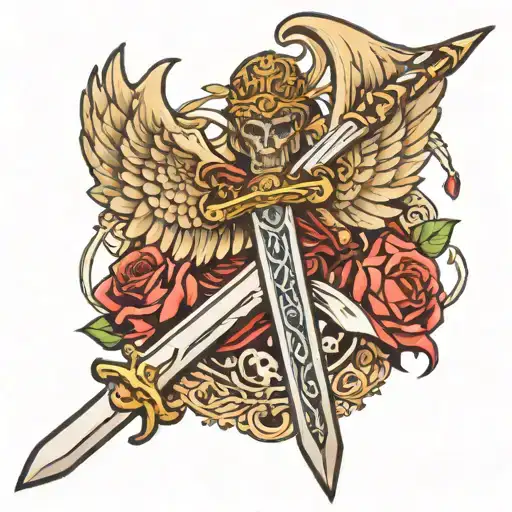 Sword With Angel Wings Micheal In Handle Made Of Bones