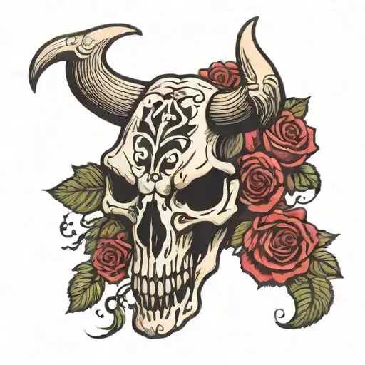 Bull Skull With Roses And Cross