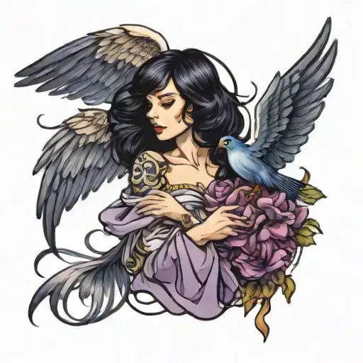 A Female Angel With Black Hair With A Purple Bird In Her Hand