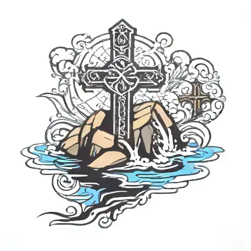 Cross On Rocks Over Water