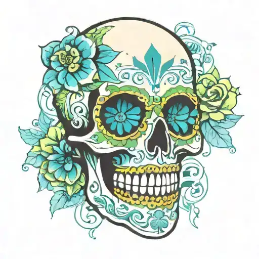 Mexican Skull With Sky Blue And Green Elements Incorporated