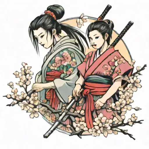 Girl Samurai And Chery Blossom Tree