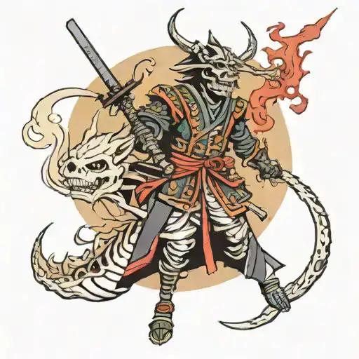 Skeleton Samurai And Dragon And Moon