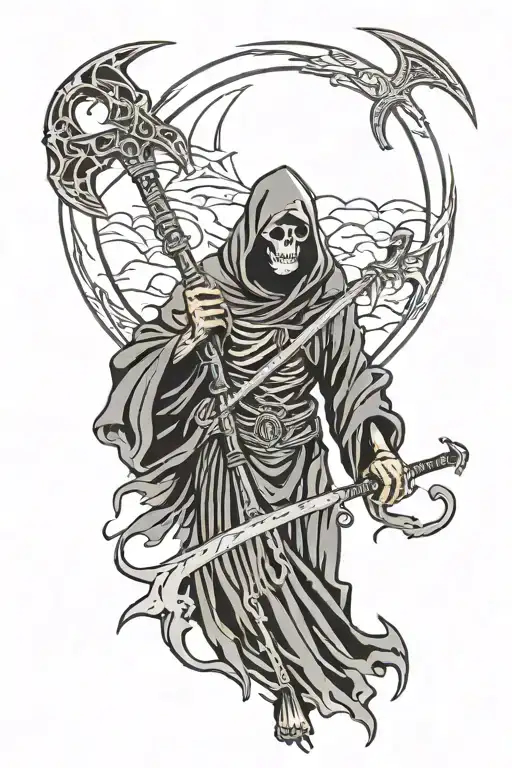 Grim Reaper Holding Scythe Moon Behind Him