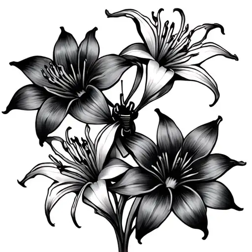 Three Spider Lily's While Having A Spider Holding It Together Like A Bouquet