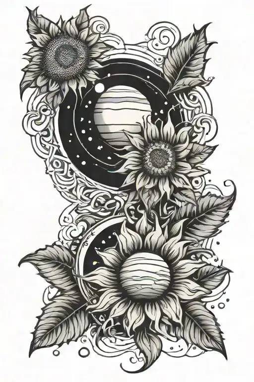 Saturn And Venus In Space Connecting To A Field Of Sunflowers