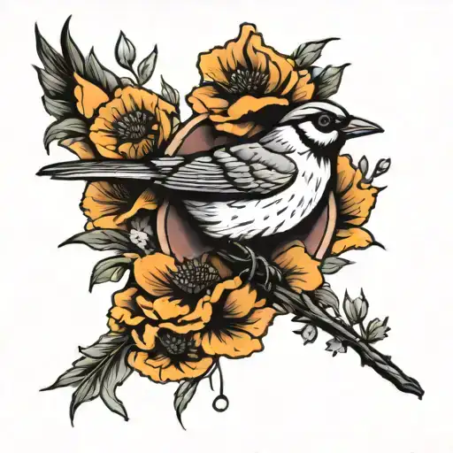 Gladioulous And Poppy Flowrs Witb A Bird