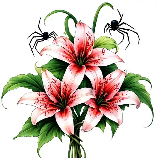 Three Spider Lily's With A Spider Wrapped Around Like A Bouquet