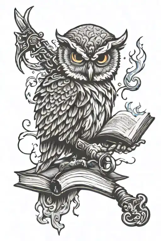 Owl Holding A Cattle Branding Iron Kw And A Butchers Knife On Fire With And Open Book