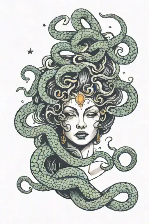 Medusa Portrayed As A Celestial Being With Galaxies Swirling In Her Eyes And Snakes