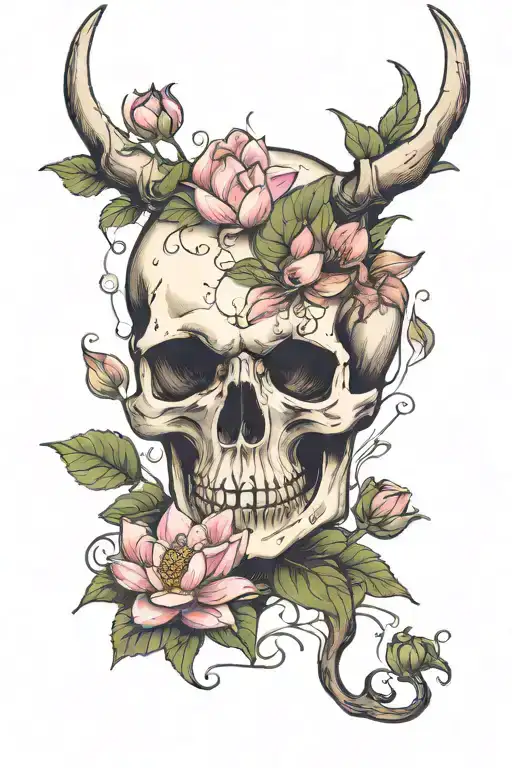 Old Aged Dear Skull With Lotus Mossying Outside It