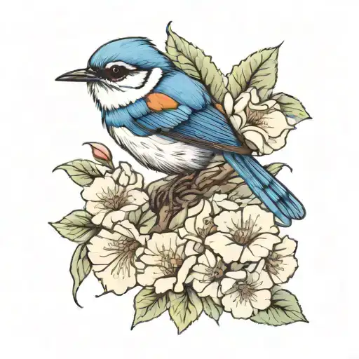 Blue Wren Bird Sitting Alone On A Camillia Flower Blooming