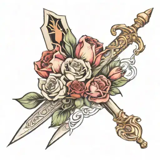 Bouquet Of Tulips And Roses Wrapped Around A Sword With 6 Roman Numeral