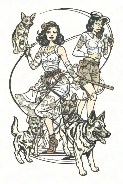 Brunette Pinup Girl Walking A German Shepherd And A Chocolate Lab On Leashes