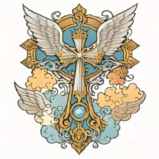 Cross With Angel Wings And Sky Above