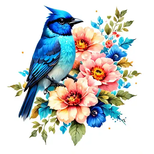 Blue Bird And Flowers