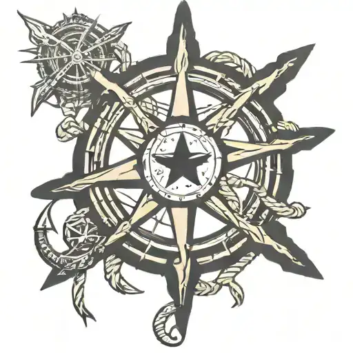 Nautical Star Inside A Ships Wheel With An Anchor Hanging On Rope