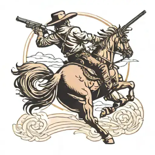 Outline Of Cowboy Riding Across Plains While Firing A Gun