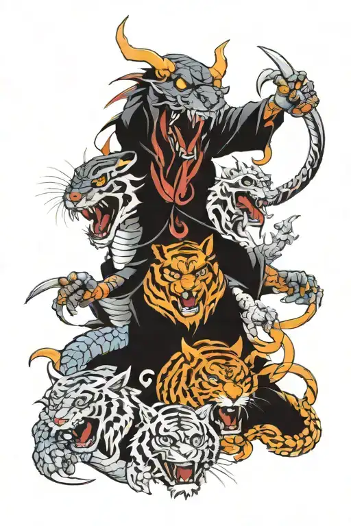 Dragon And Grim Reaper And Tiger Roaring