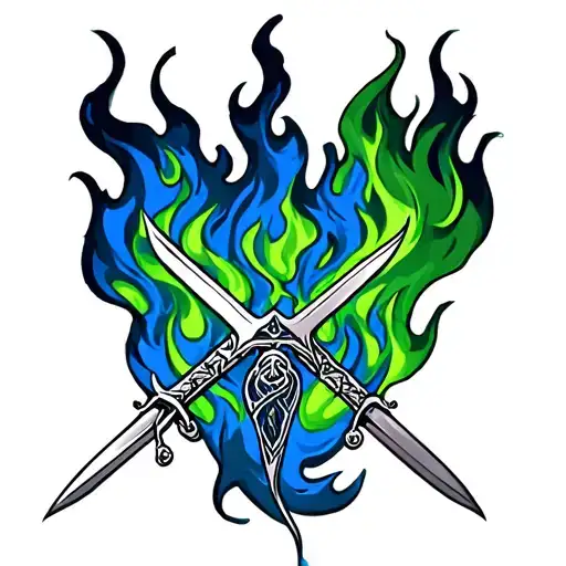 9 Tale In The Back With Blue And Green Flamming Fire In Front Of A Tale With A Two Crossing Sword