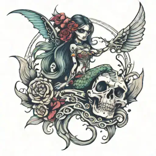 Full Mermaid Tattoo Half Skeleton Demon Half Beautiful