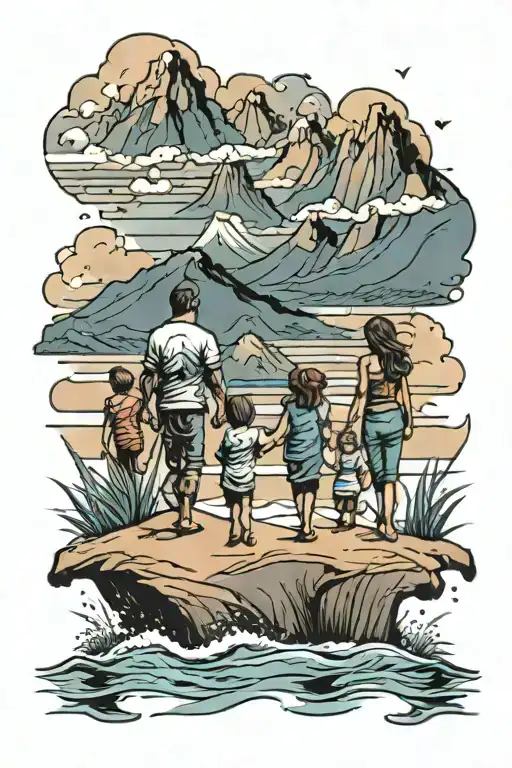 Family Walking On Beach With Mountains In The Background