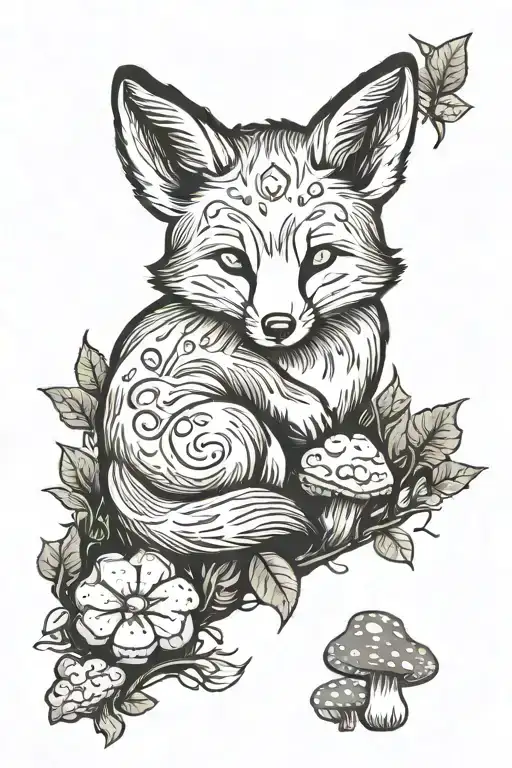 Sleeping Baby Fox Surrounded By Woods Mushrooms Animals Juniper And Moths
