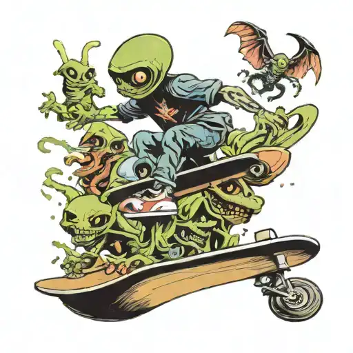 A Skateboarder Jumping Off A Ramp With Alien Creatures Watching