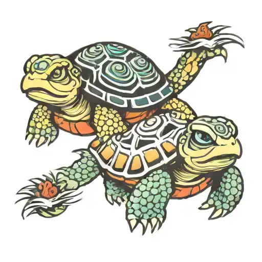Funny Turtle With Shell Yin And Yang Represented By Tiger And Dragon