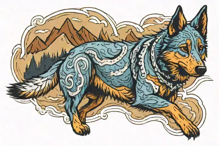 Blue Cattledog Into A Mountain Range