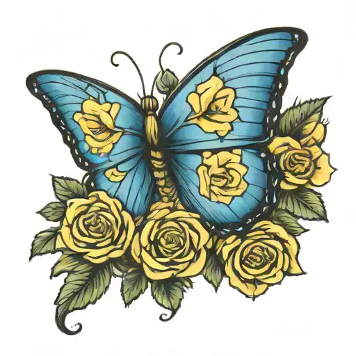 Blue Butterfly With Yellow Rose