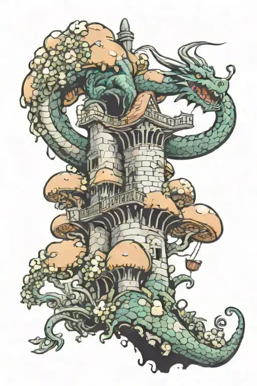Dragon Climbing A Tower Surrounded By A Field Of Mushrooms